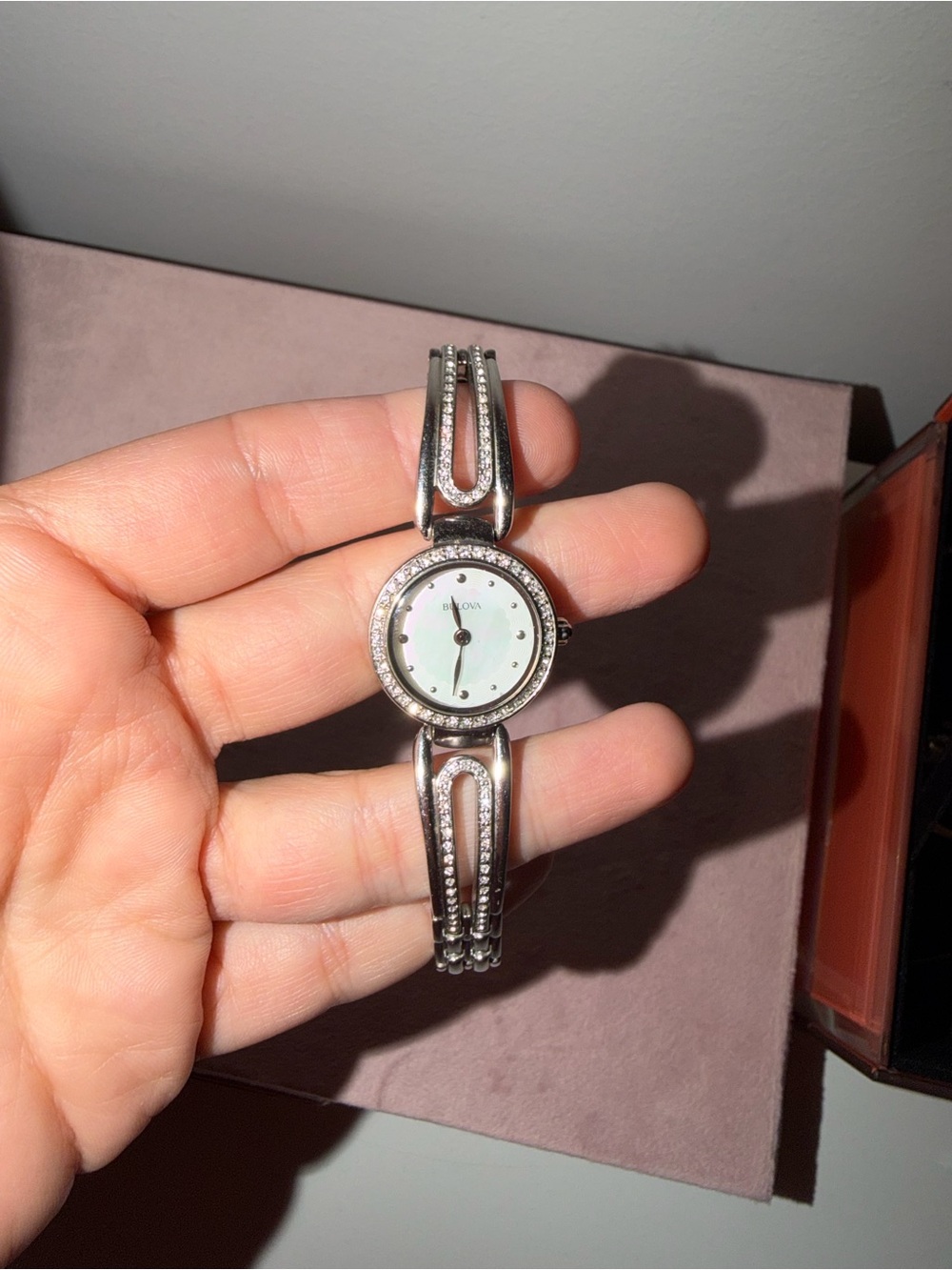 Bulova Silver-tone Ladies Crystal Accent Bracelet Watch with White Dial